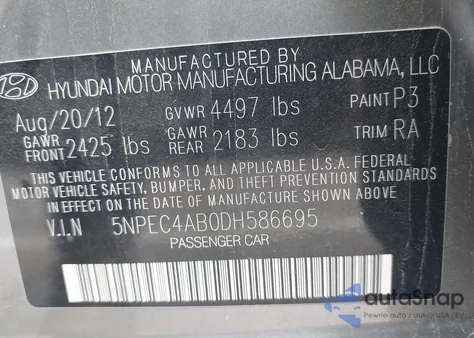 2013 Hyundai Sonata Limited 2.0T from USA, damaged, VIN 5NPEC4AB0DH586695